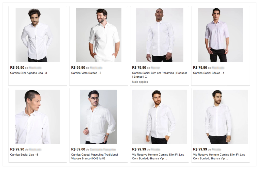 Diferentes tipos de camisa branca em uma pesquisa do Google
